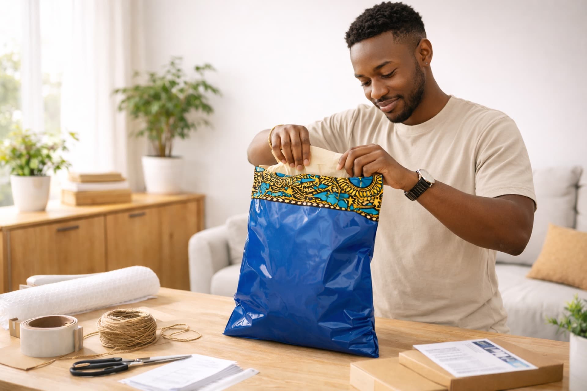 Un sac en tissu wax bleu, préparé à la maison.